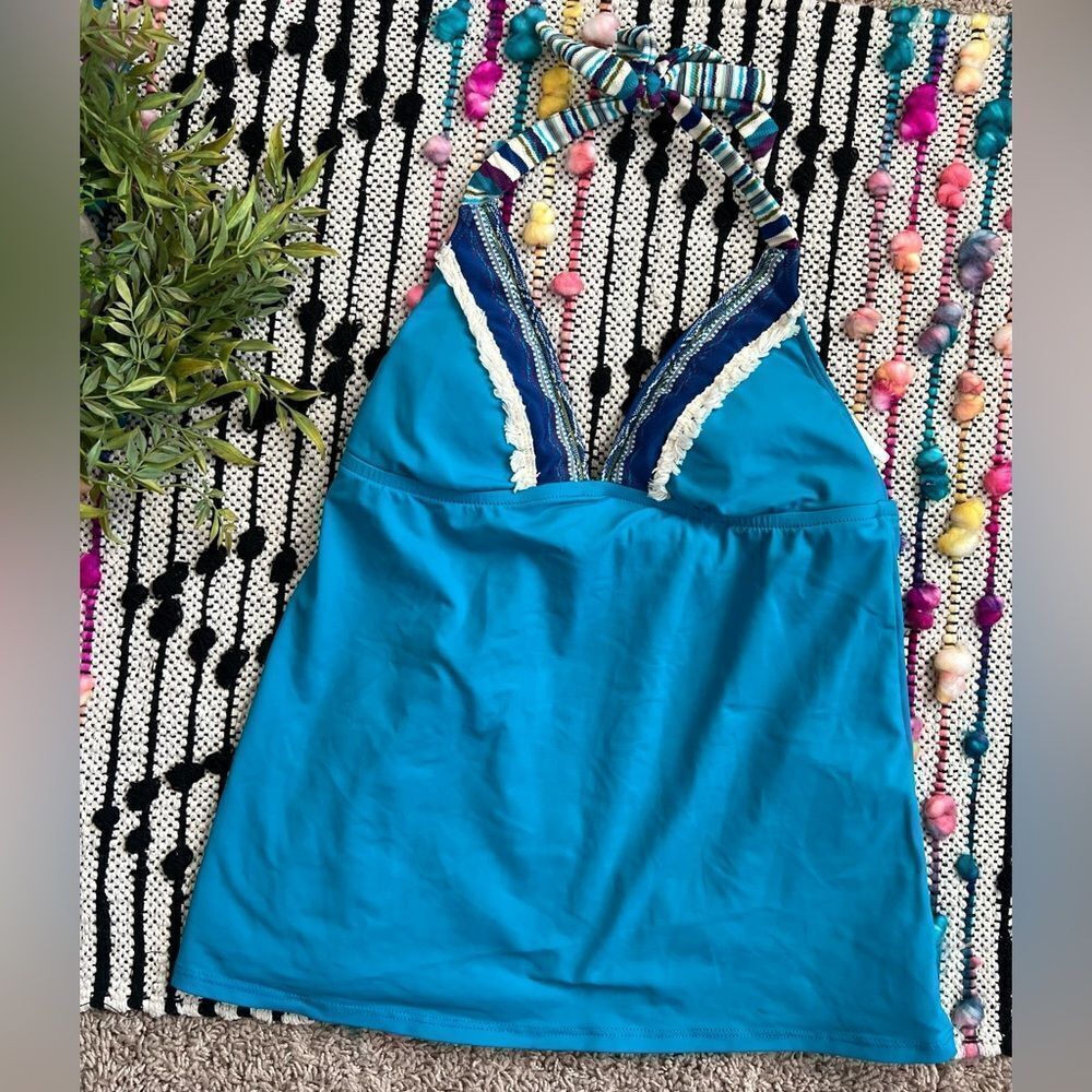 Lucky Brand Solid Turquoise Stripe Fringe Boho Accents Halter Tankini Swim Top S